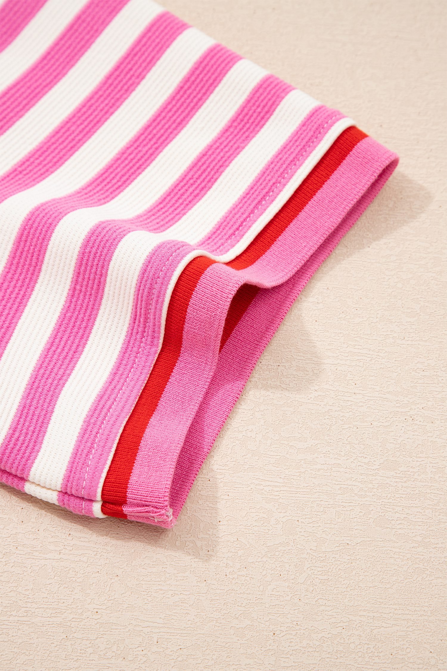 Pink Stripe Contrast Trim Short Sleeve Top Loose Shorts 2pcs Casual Outfit