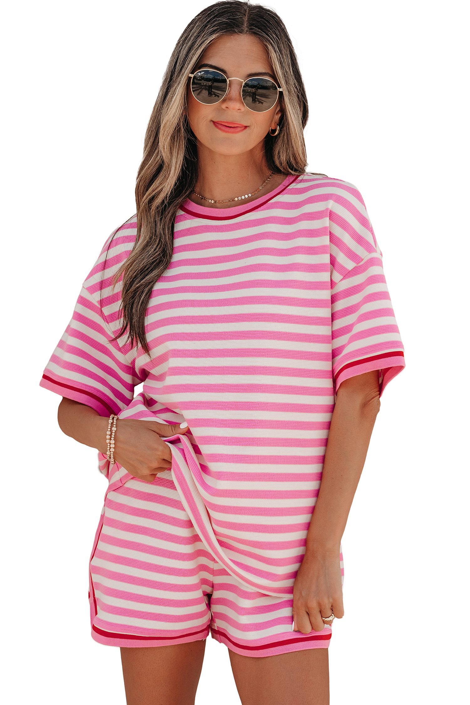 Pink Stripe Contrast Trim Short Sleeve Top Loose Shorts 2pcs Casual Outfit