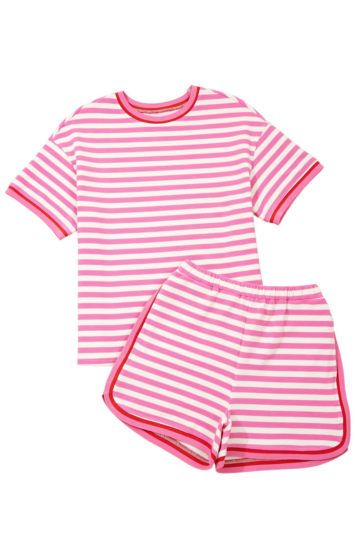 Pink Stripe Contrast Trim Short Sleeve Top Loose Shorts 2pcs Casual Outfit