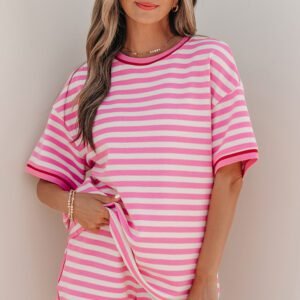 Pink Stripe Contrast Trim Short Sleeve Top Loose Shorts 2pcs Casual Outfit