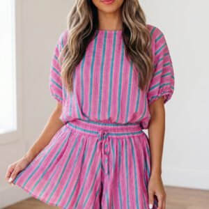 Pink Stripe Dolman Short Sleeve Blouse Drawstring Elastic Waist Loose Short Set
