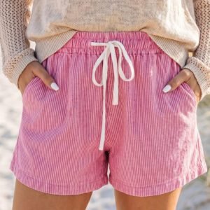 Pink Stripe Drawstring Elastic Waist Casual Denim Shorts