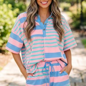 Pink Stripe Exposed Seam Mixed Patchwork Loose Short Set