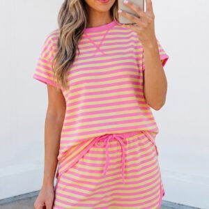 Pink Stripe Loose Short Sleeve Top and Skirt Set