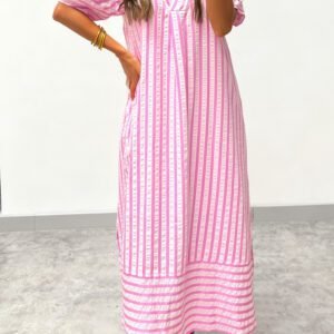 Pink Stripe V Neck Short Sleeve Shift Long Dress
