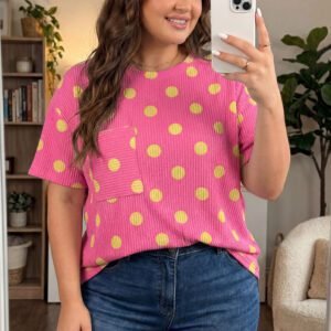 Pink Twisted Rib Polka Dot Print Plus Size T Shirt