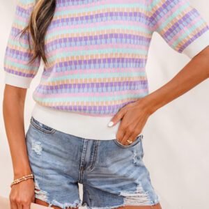 Purple Abstract Striped Knit Short Sleeve Sweater