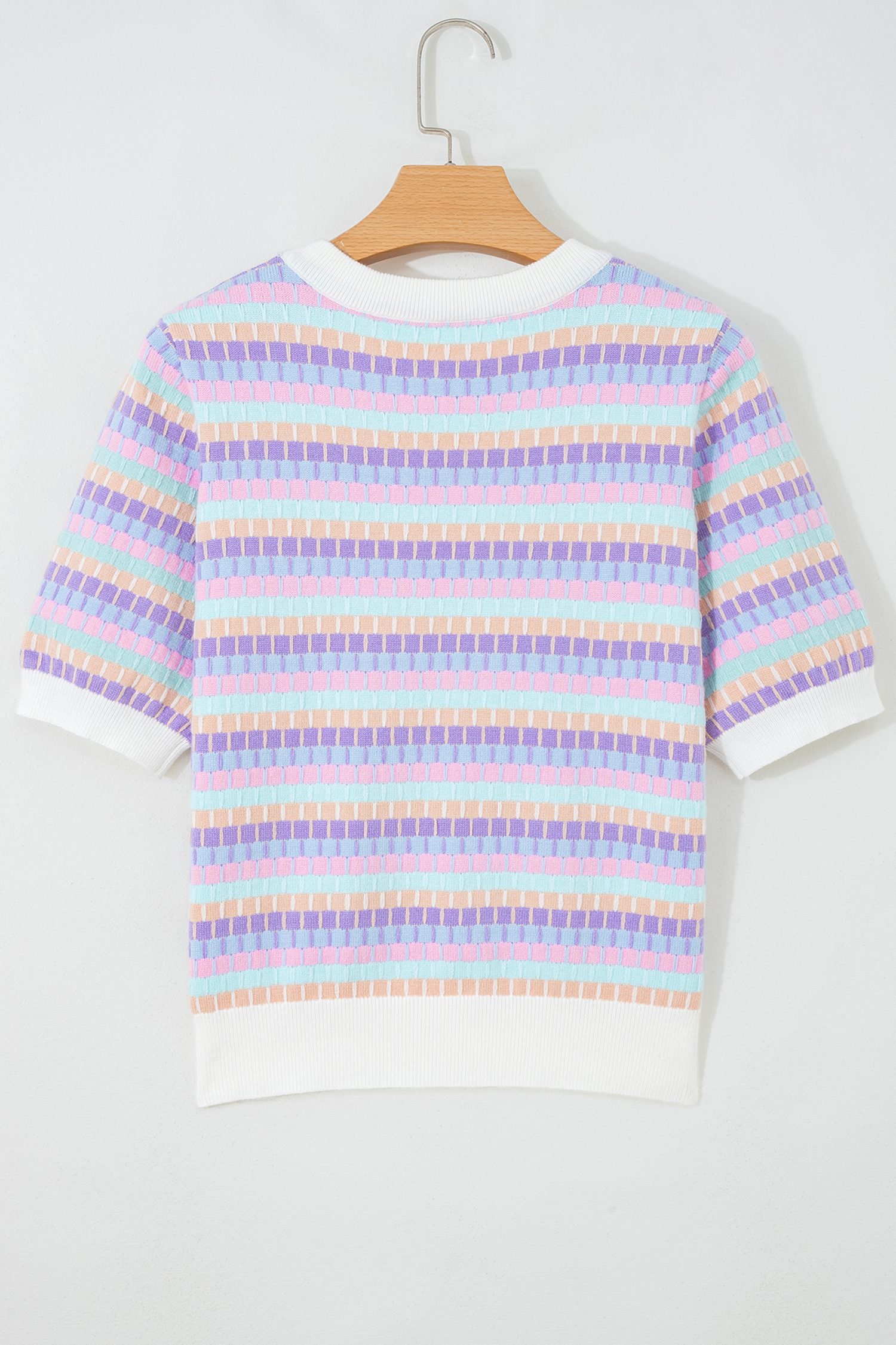Purple Abstract Striped Knit Short Sleeve Sweater