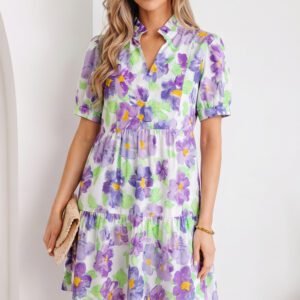 Purple Floral V Collar Short Sleeve Tiered Ruffle Mini Dress
