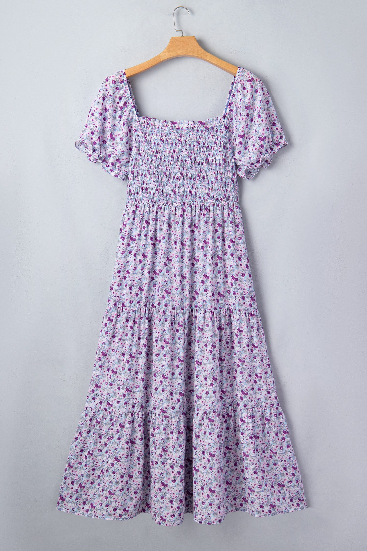 Purple Plus Size Floral Print Square Neck Smocked Maxi Dress
