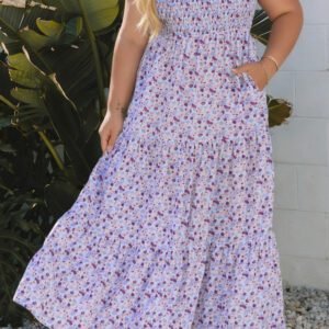 Purple Plus Size Floral Print Square Neck Smocked Maxi Dress