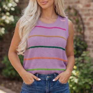 Purple Stripe Round Neck Knitted Sweater Tank