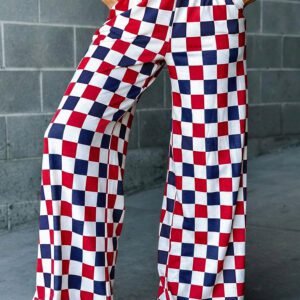 Red 2-Tone Checked Print High Waist Wide Leg Pants