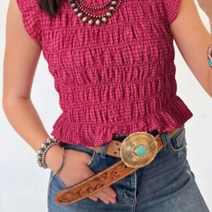Red Plaid Shirred Ruffle Trim Tank Top