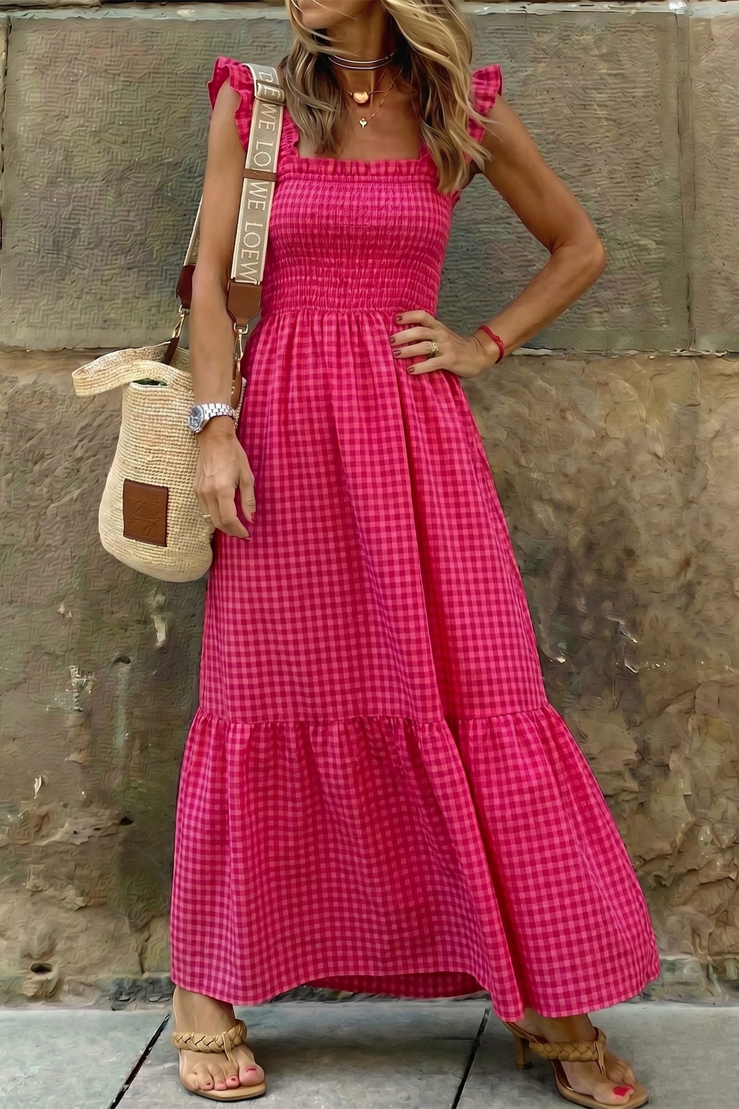 Red Plaid Square Neck Fit-and-flared Vacation Sundress