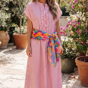 Red Stripe Frilled Detail Half Buttons Short Sleeve Long Dress