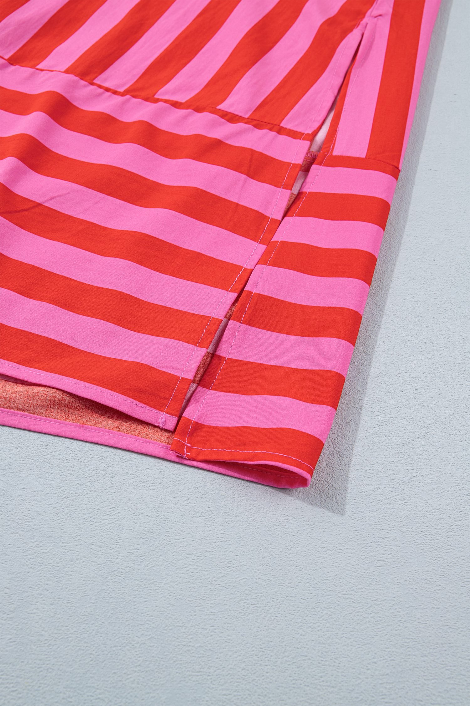 Red Stripe V Neck Cuffed Sleeve Relaxed Split Midi Dress