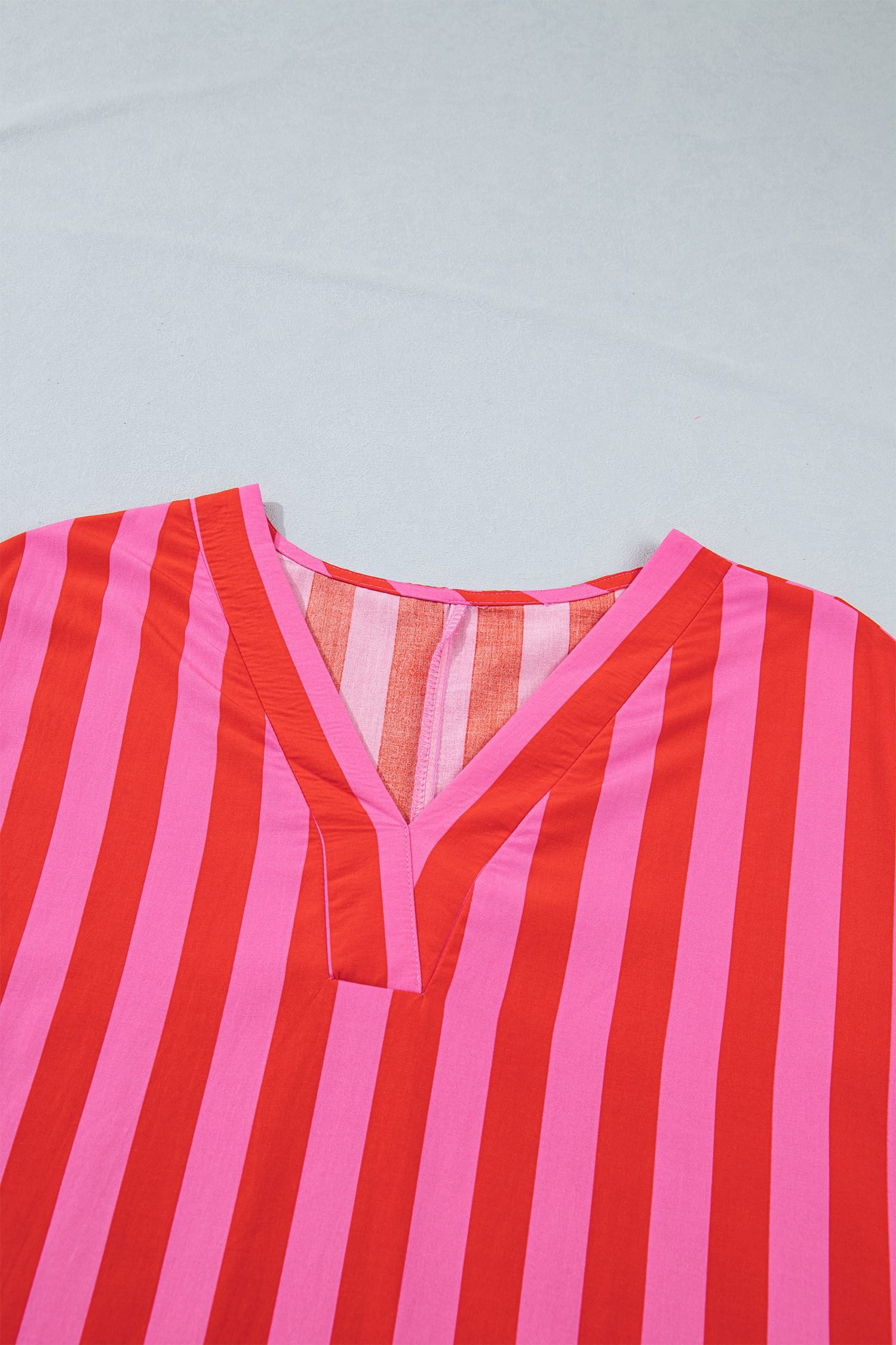 Red Stripe V Neck Cuffed Sleeve Relaxed Split Midi Dress
