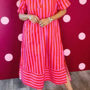 Red Stripe V Neck Cuffed Sleeve Relaxed Split Midi Dress