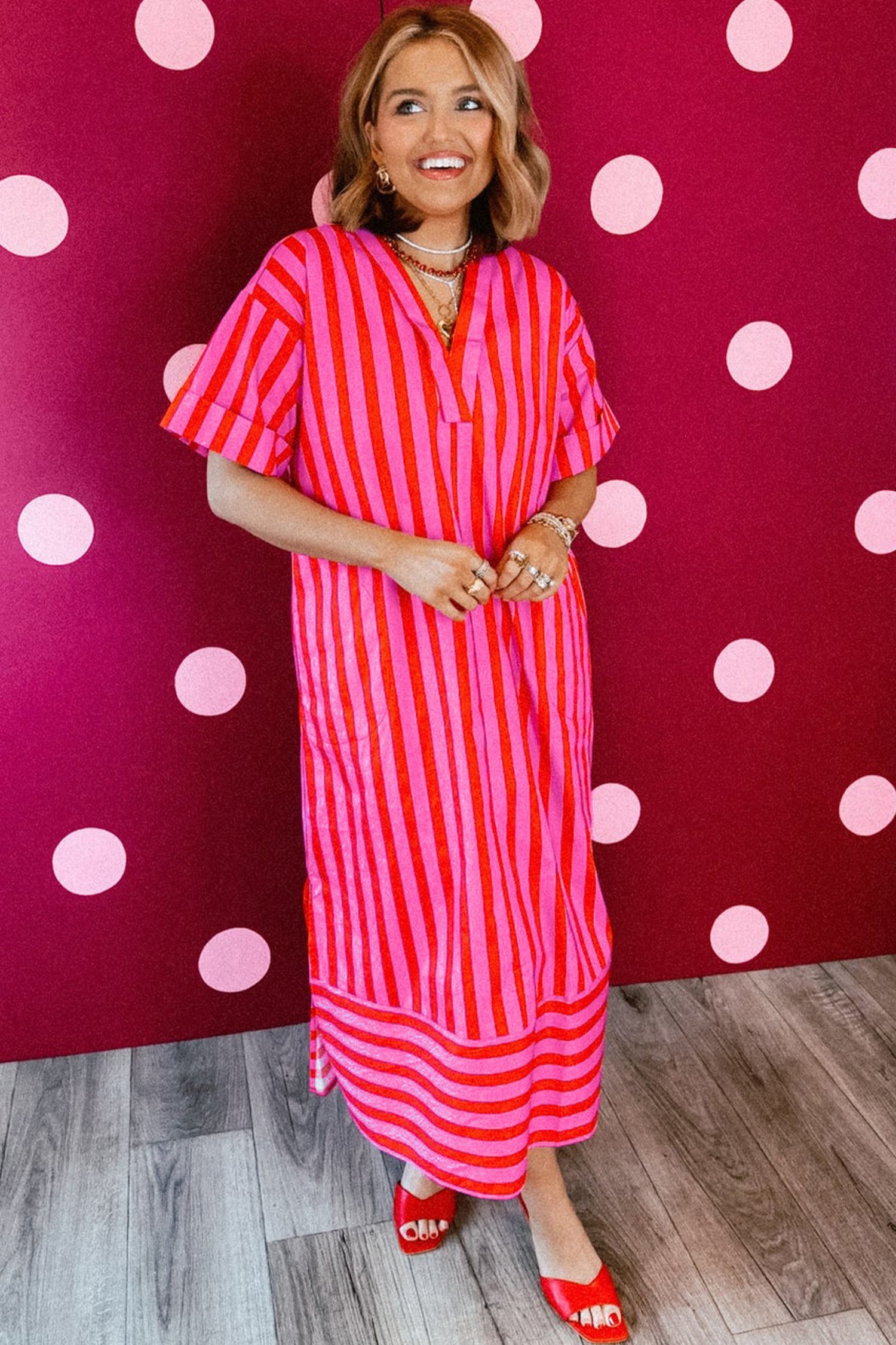Red Stripe V Neck Cuffed Sleeve Relaxed Split Midi Dress