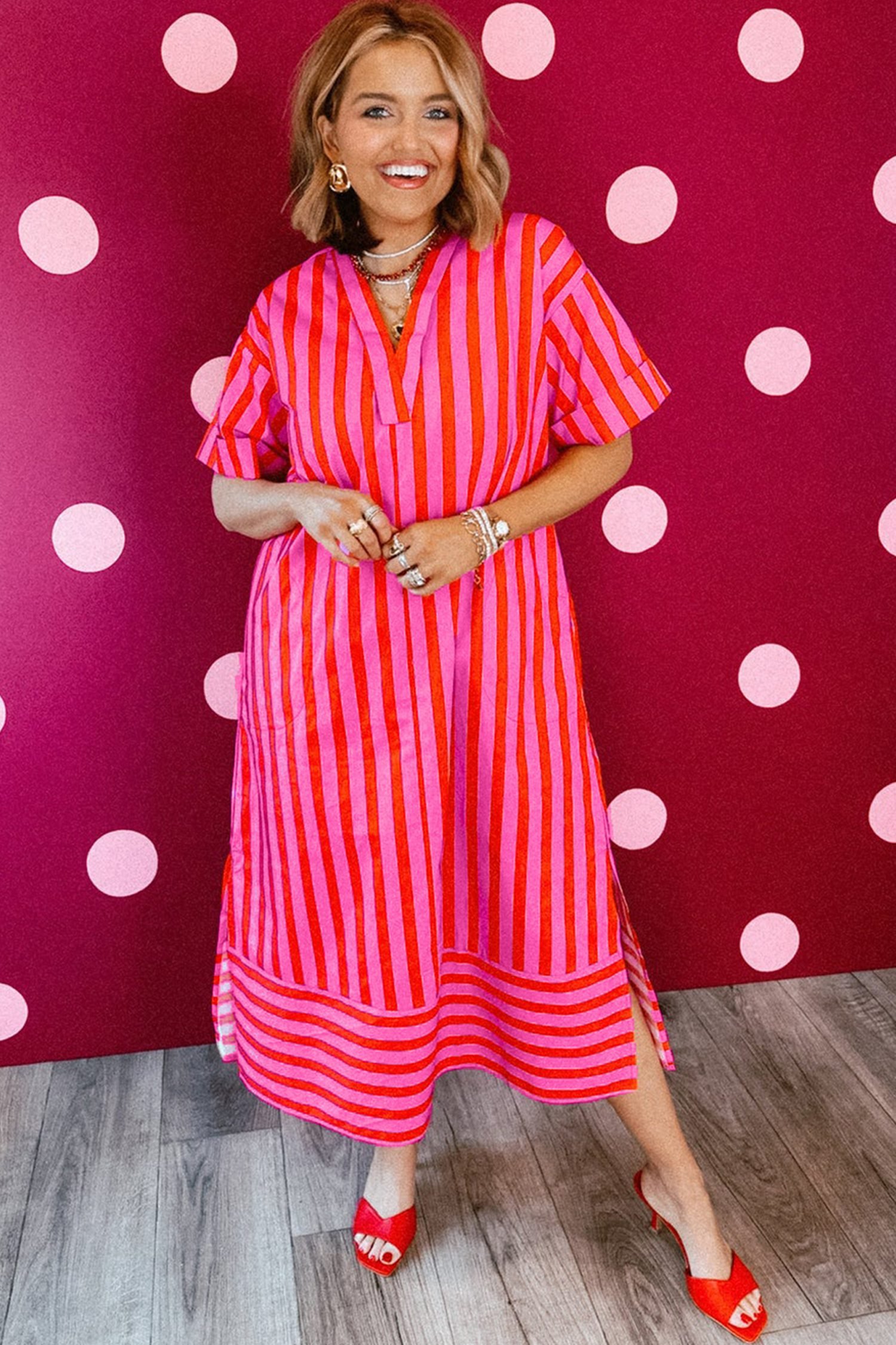 Red Stripe V Neck Cuffed Sleeve Relaxed Split Midi Dress