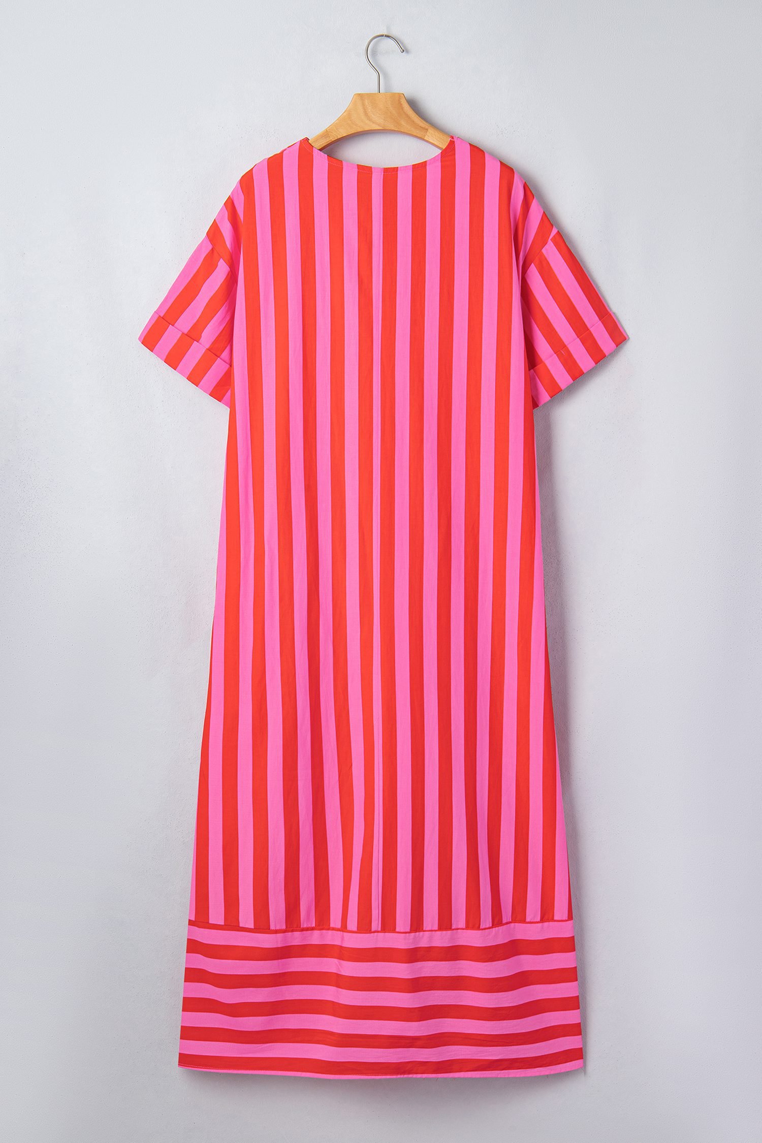 Red Stripe V Neck Cuffed Sleeve Relaxed Split Midi Dress