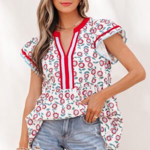 Red Sunflower Printed Contrast Trim V Neck Flutter Sleeve Blouse