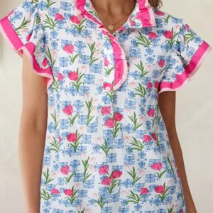 Rose Floral Print Color Block Striped Trim Flutter Sleeve Half Button Blouse