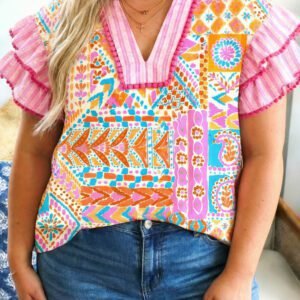 Rose Plus Size Geometric Print Contrast Trim Striped V Neck Blouse