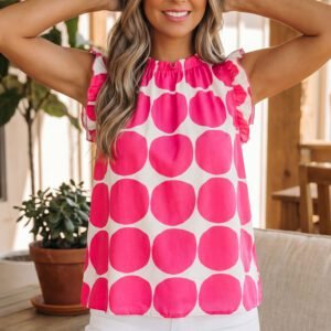 Rose Polka Dot Print Frilled Round Neck Shift Tank Top