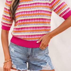 Rose Red Abstract Striped Knit Short Sleeve Sweater