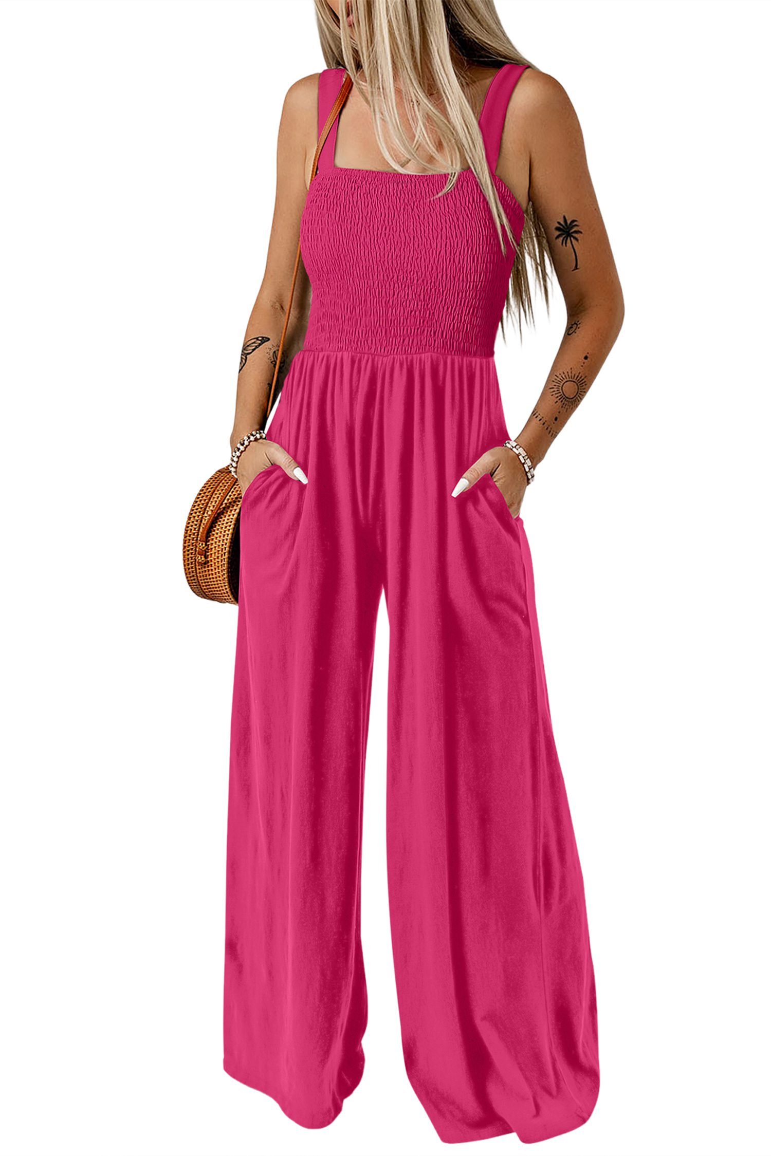 Rose Red Smocked Square Neck Sleeveless Jumpsuit with Pockets