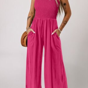 Rose Red Smocked Square Neck Sleeveless Jumpsuit with Pockets