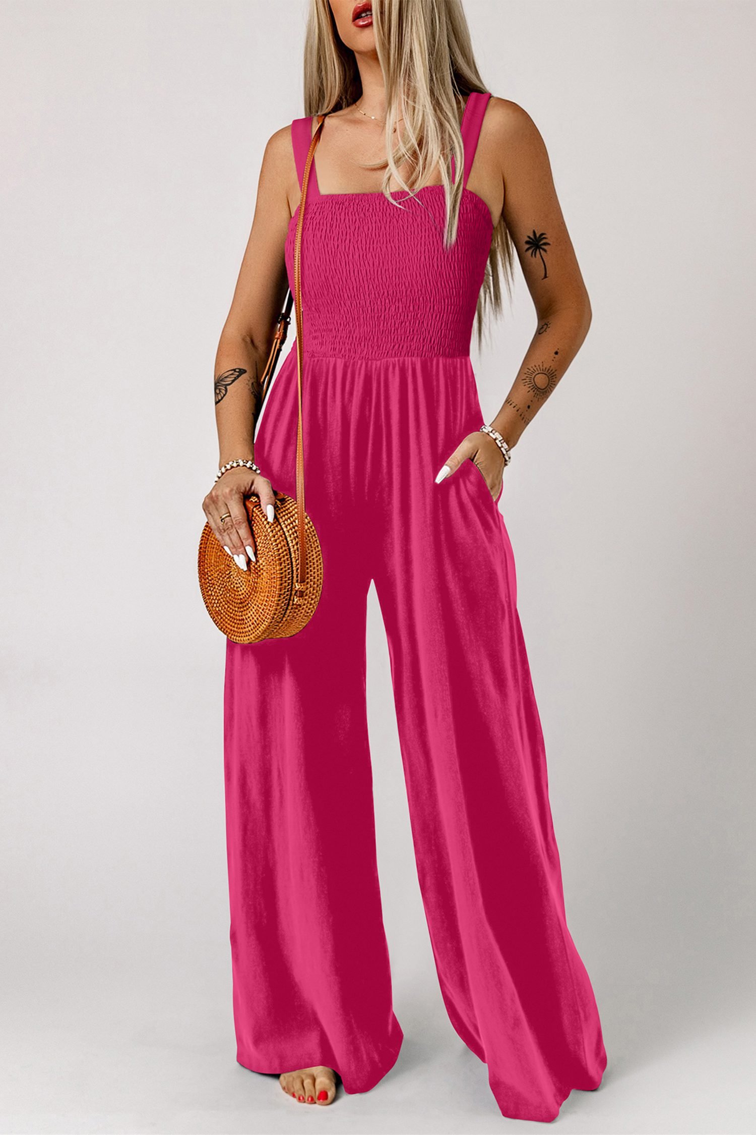 Rose Red Smocked Square Neck Sleeveless Jumpsuit with Pockets