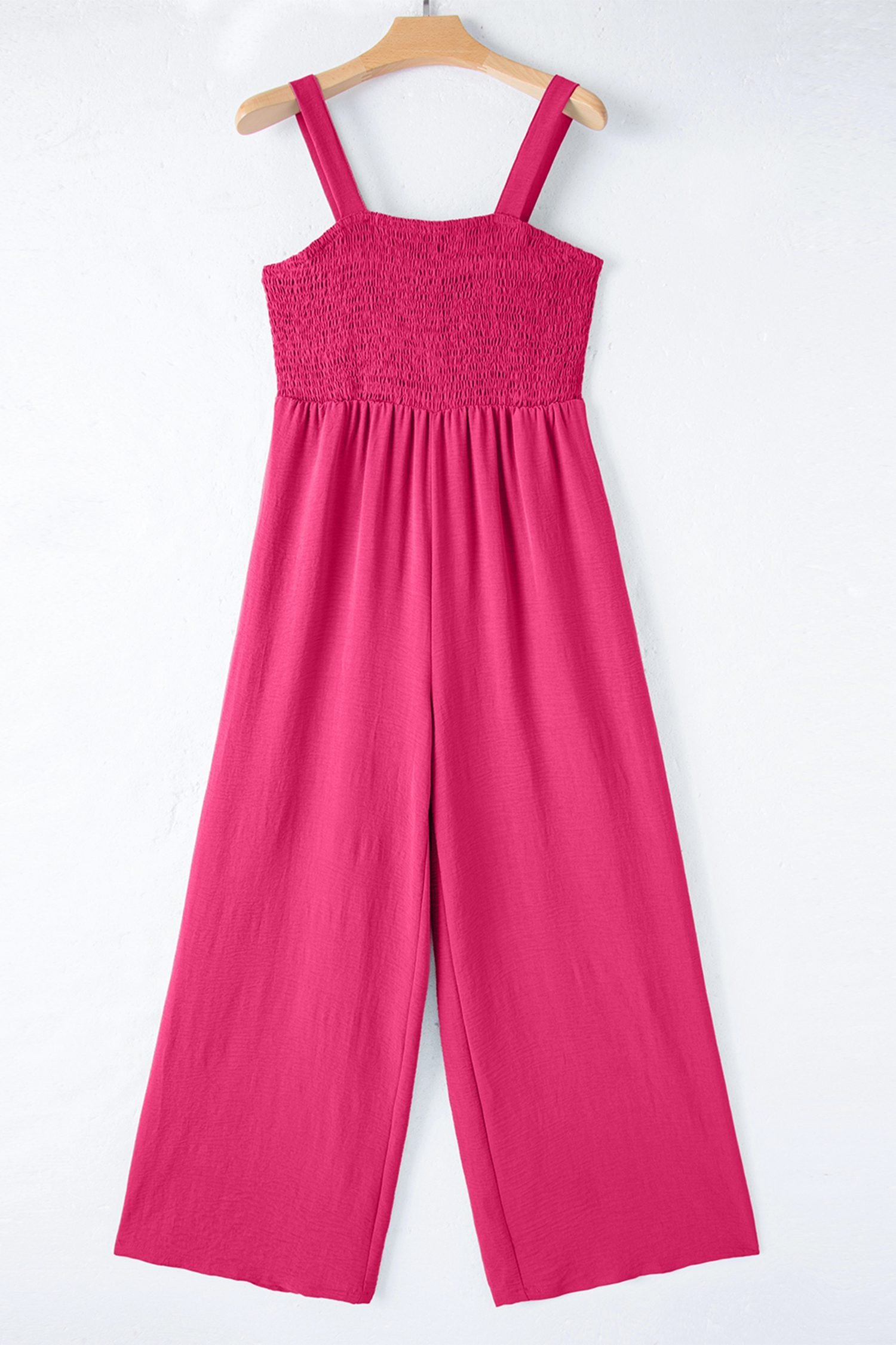 Rose Red Smocked Square Neck Sleeveless Jumpsuit with Pockets