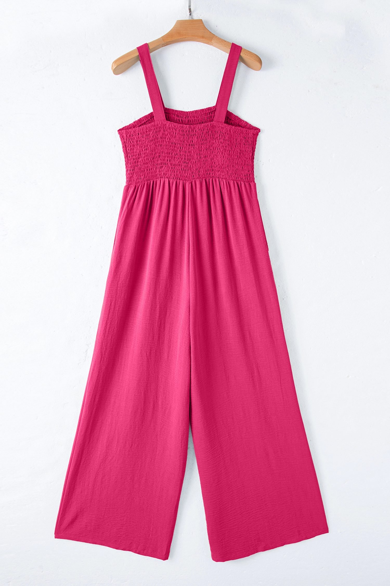 Rose Red Smocked Square Neck Sleeveless Jumpsuit with Pockets