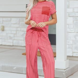 Rose Stripe Crew Neck Tee Drawstring Waist Cropped Pants Set