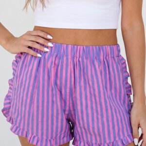 Rose Stripe Elastic Waist Ruffle Trim Casual Shorts