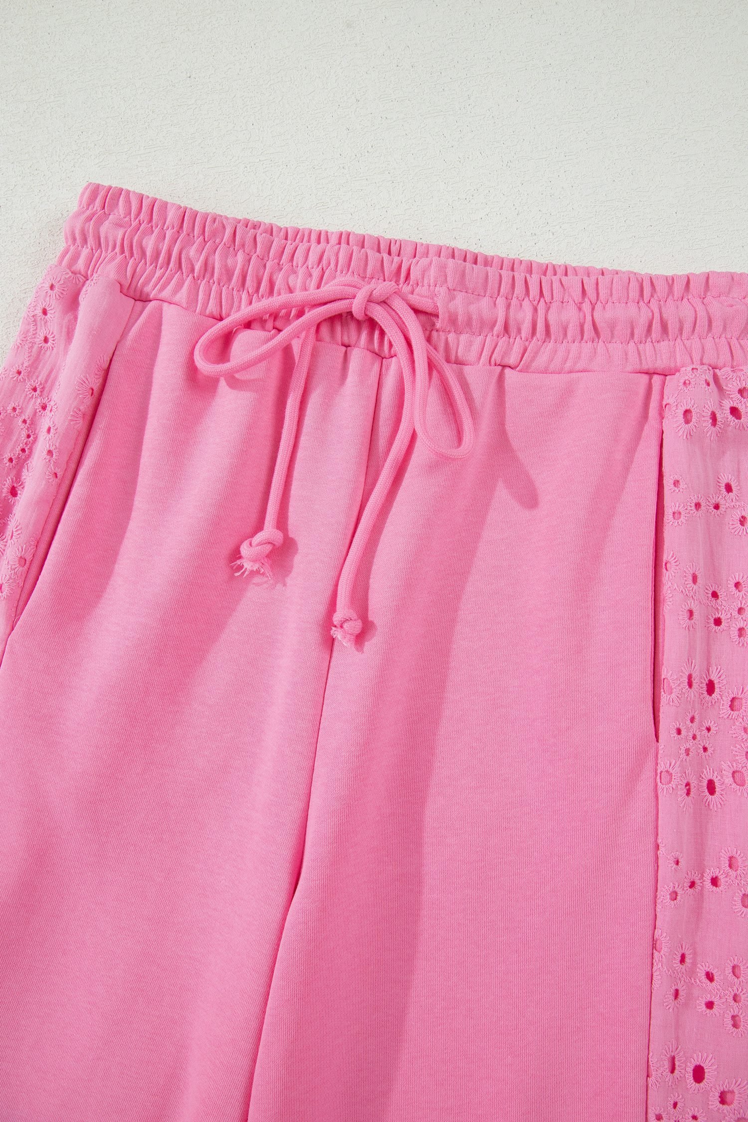 Sachet Pink Lace Patchwork Half Sleeve Top Elastic Waist Pants Two Piece Set