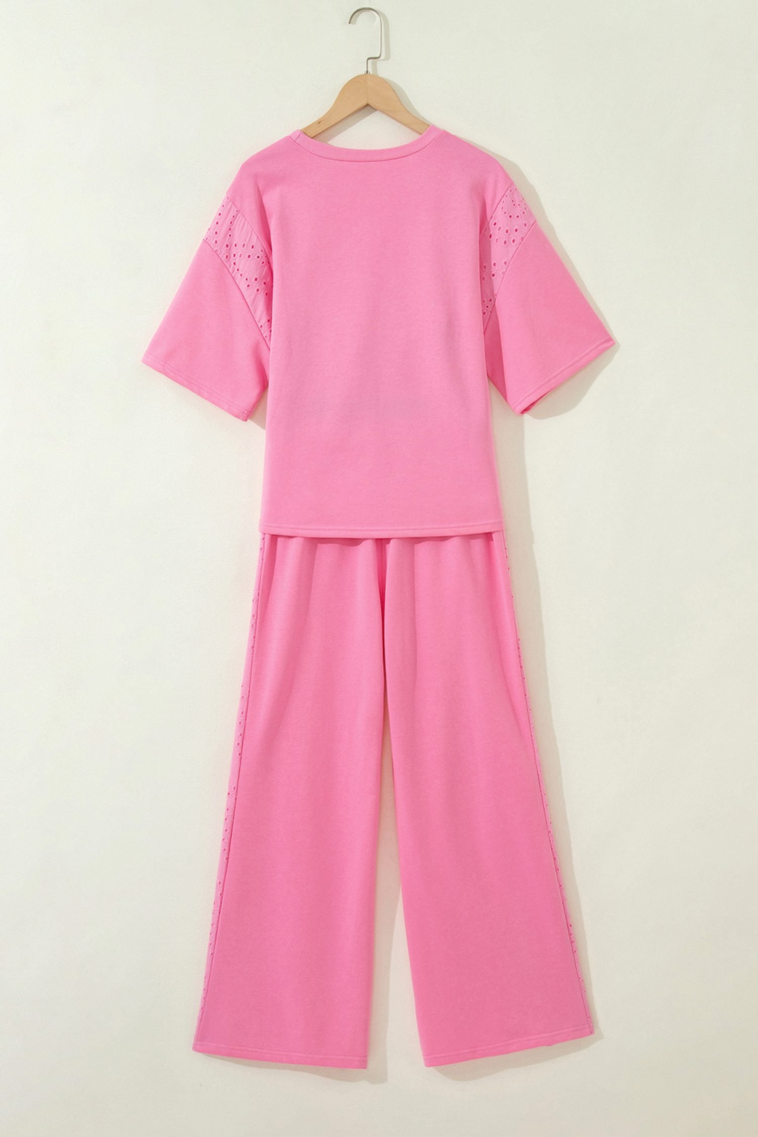 Sachet Pink Lace Patchwork Half Sleeve Top Elastic Waist Pants Two Piece Set