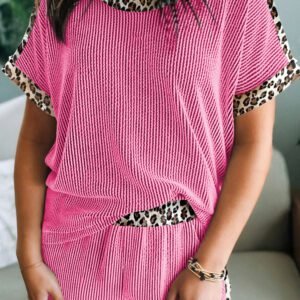 Sachet Pink Leopard Trim Twist Ribbed Short Set