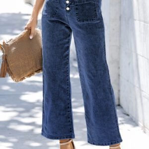 Sail Blue High Waist Button Front Wide Leg Cropped Jeans