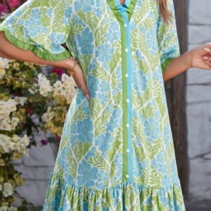 Sky Blue Botanical Floral Print Frilled Trim V Neck Button Front Loose Dress