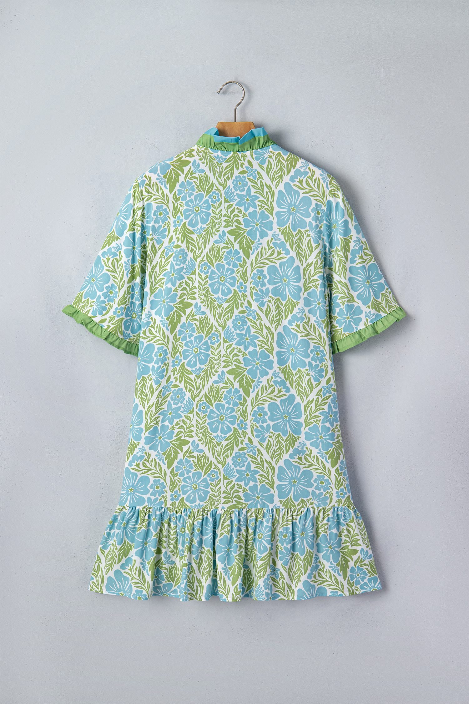 Sky Blue Botanical Floral Print Frilled Trim V Neck Button Front Loose Dress