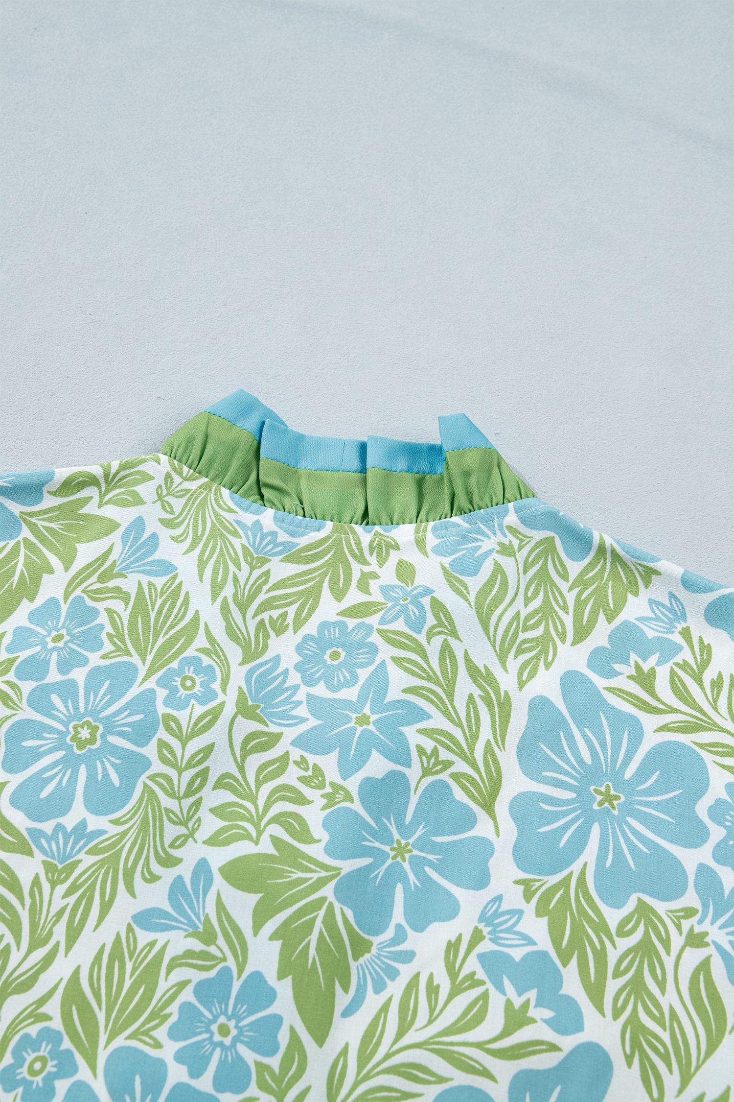 Sky Blue Botanical Floral Print Frilled Trim V Neck Button Front Loose Dress