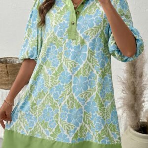Sky Blue Floral Print Color Block Patchwork Shirt Collar Half Sleeve Mini Dress