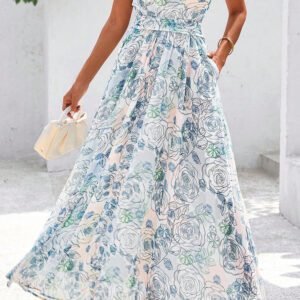 Sky Blue Floral Print Ruffled One Shoulder Vacation Maxi Dress