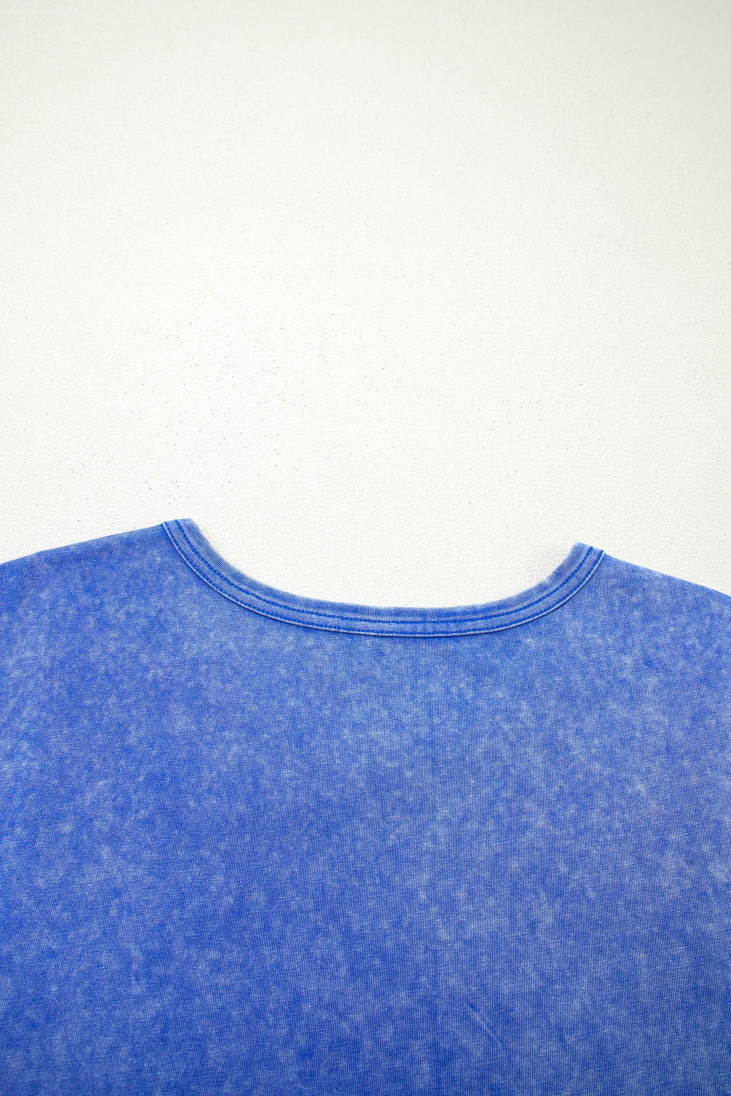 Sky Blue Mineral Wash Raw Seam Lace Sleeve Cotton Tee
