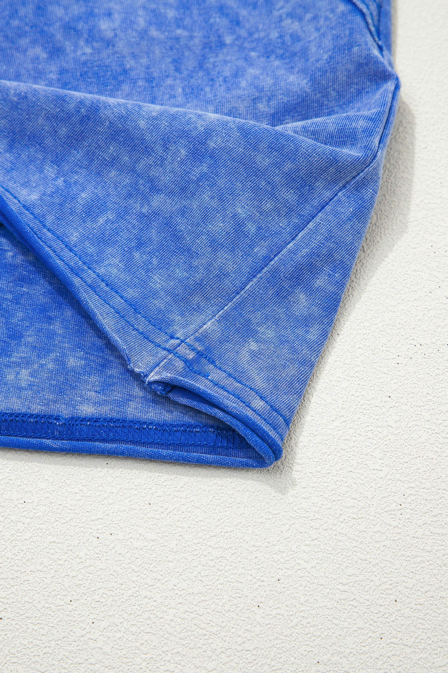 Sky Blue Mineral Wash Raw Seam Lace Sleeve Cotton Tee