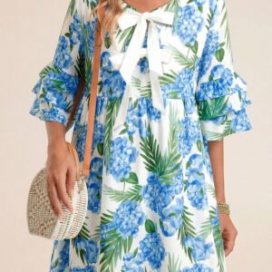 Sky Blue Palm Floral Print Contrast Ribbon Knot Ruffle Tiered Sleeve Mini Dress